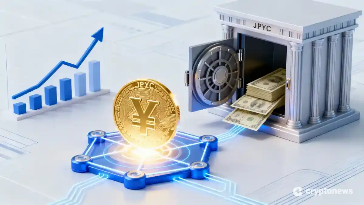 ブロックチェーン上のJPYCコインと現金化を象徴する銀行金庫、上昇グラフのアイソメトリックイラスト