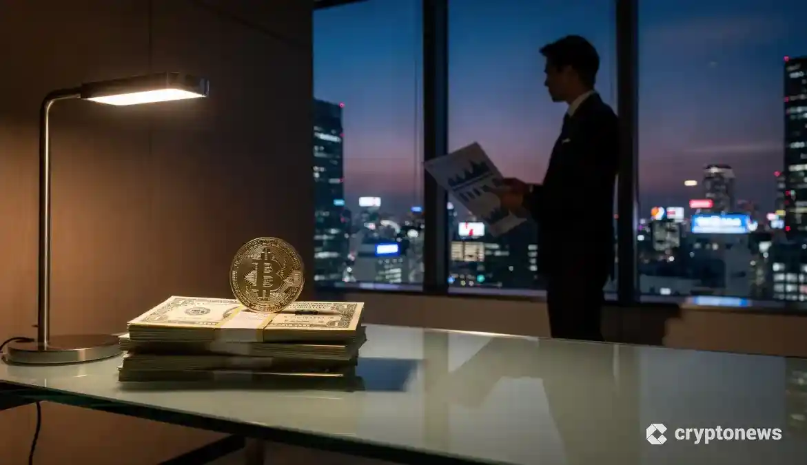 メタプラネットの戦略転換を象徴する、オフィスでの決断シーンとビットコイン