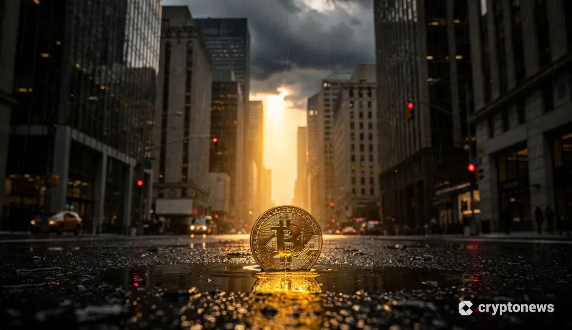 金融街の嵐が去り、雲間から差し込む光が濡れた路面にあるビットコインを照らし出している