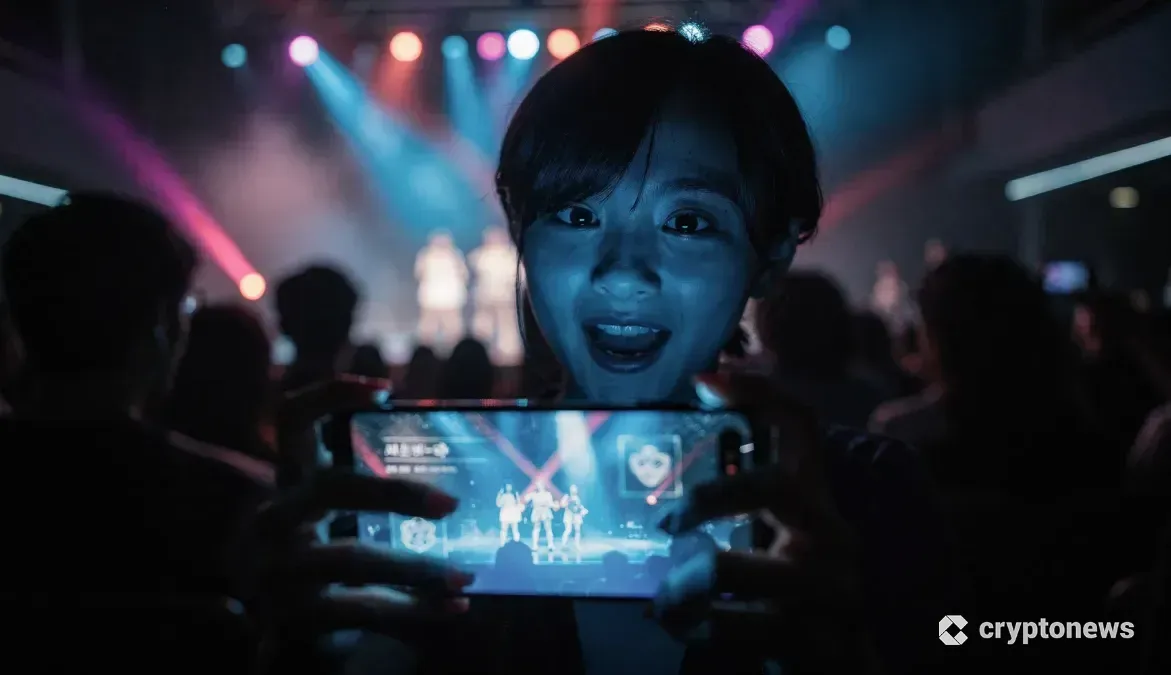 ライブ会場でスマートフォンを操作し、推し活アプリの画面に見入るファンの姿と、背景のステージライト