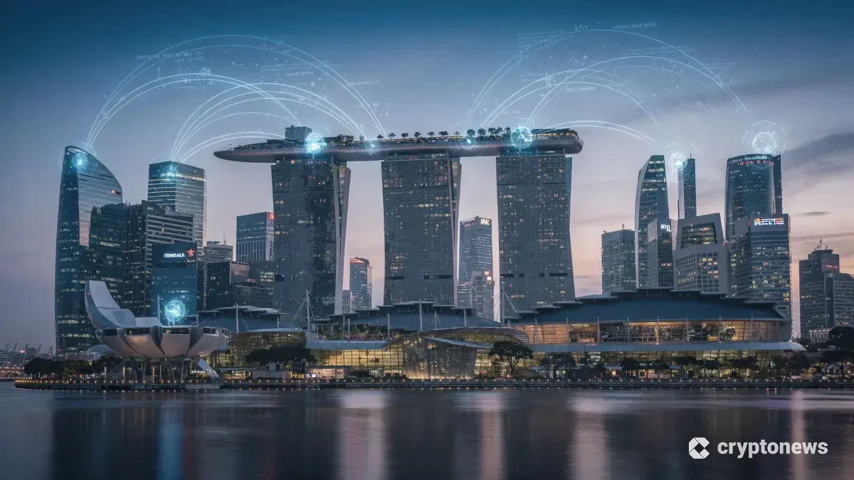 シンガポールの金融街の夜景とブロックチェーン技術を象徴するデジタルネットワークのイメージ
