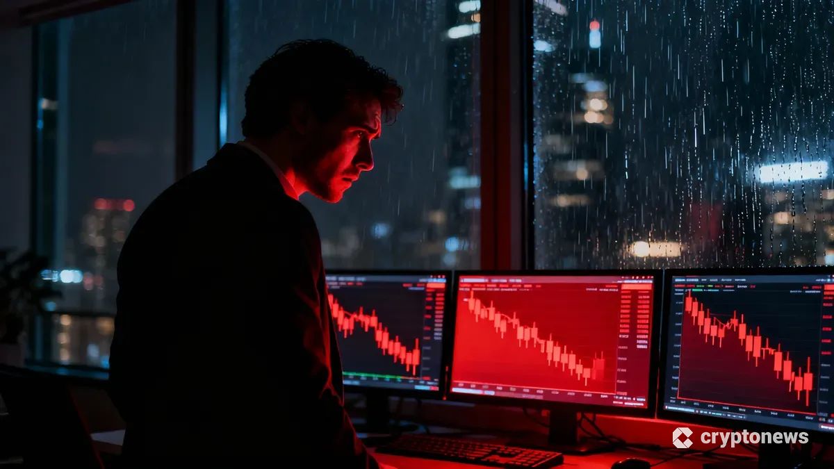 深夜のオフィスで下落するビットコインチャートを深刻な表情で見つめる金融アナリスト