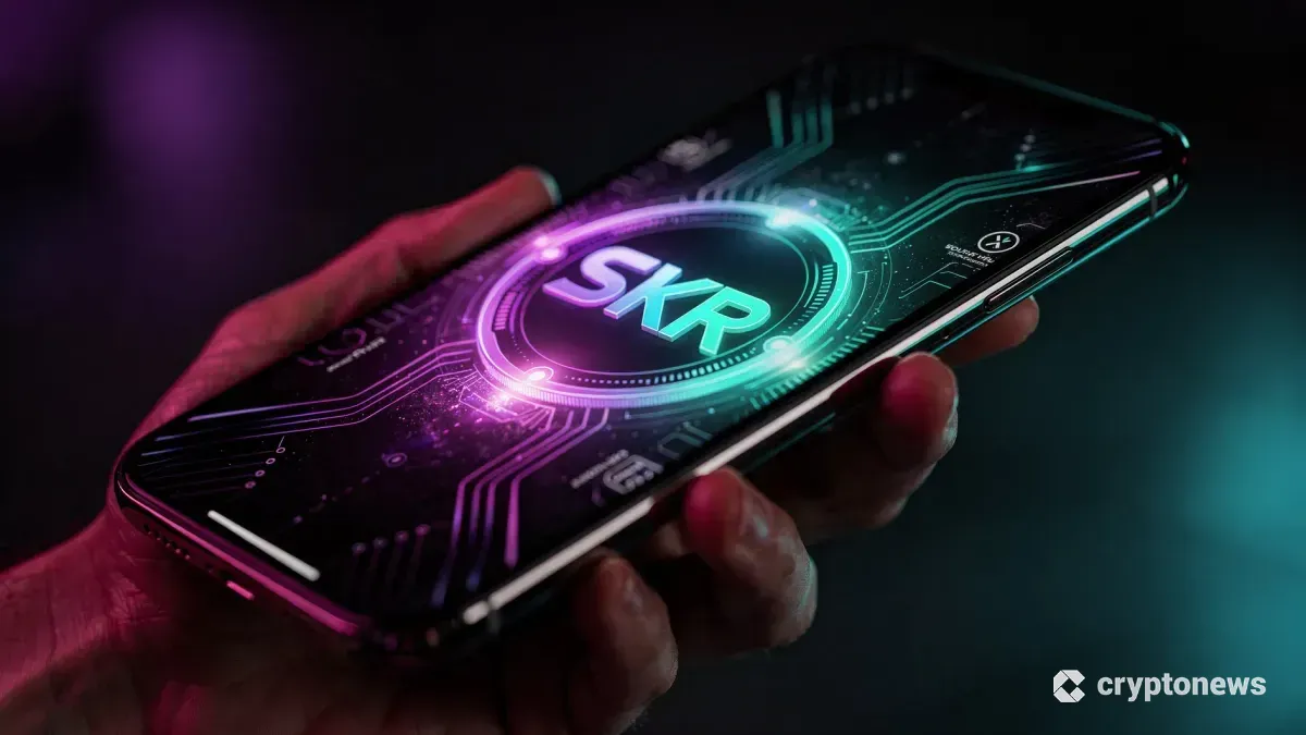 ソラナモバイルのスマートフォン画面にSKRトークンのロゴが光る様子