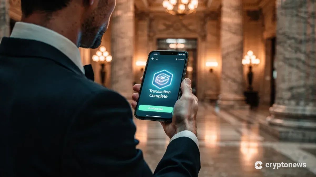 伝統的な銀行の背景でスマートフォンによるデジタル資産決済完了画面を見ているビジネスマンの手元