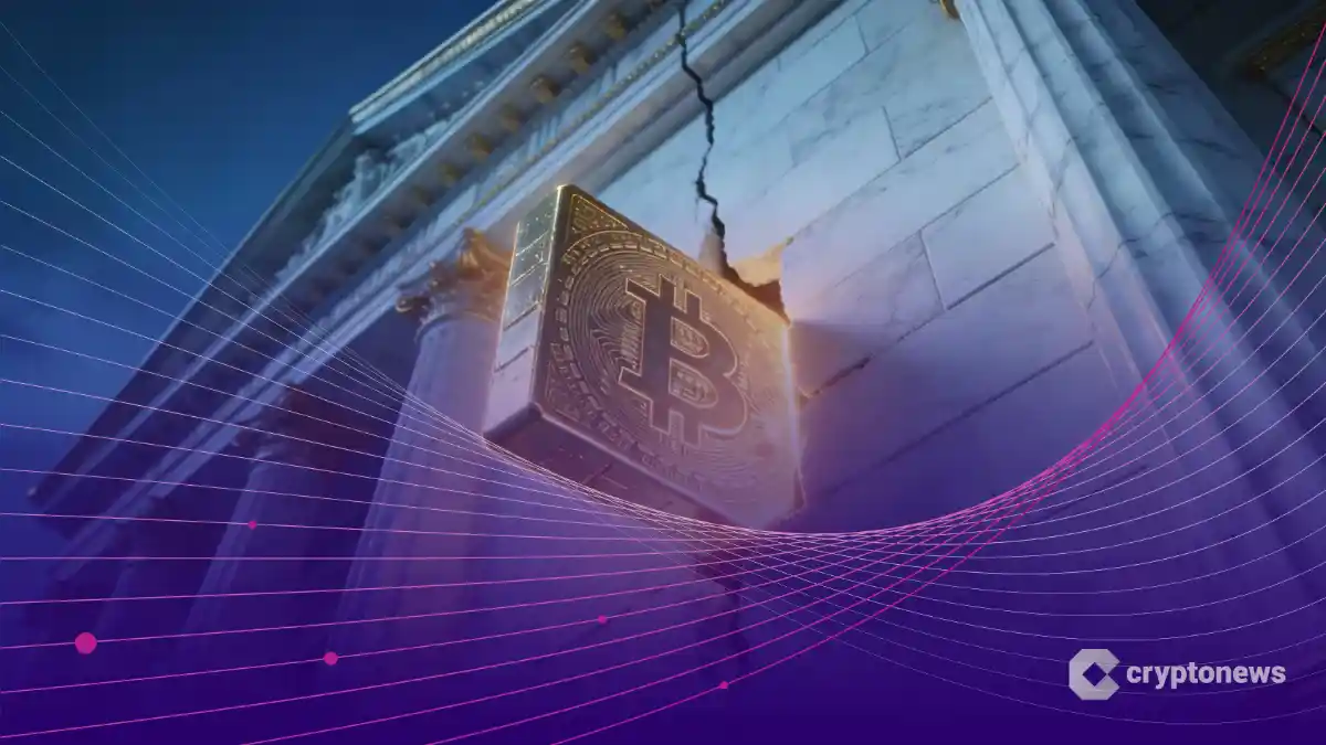 金融システムの白い大理石の壁に完璧にフィットし、構造を支える黄金の仮想通貨ブロック