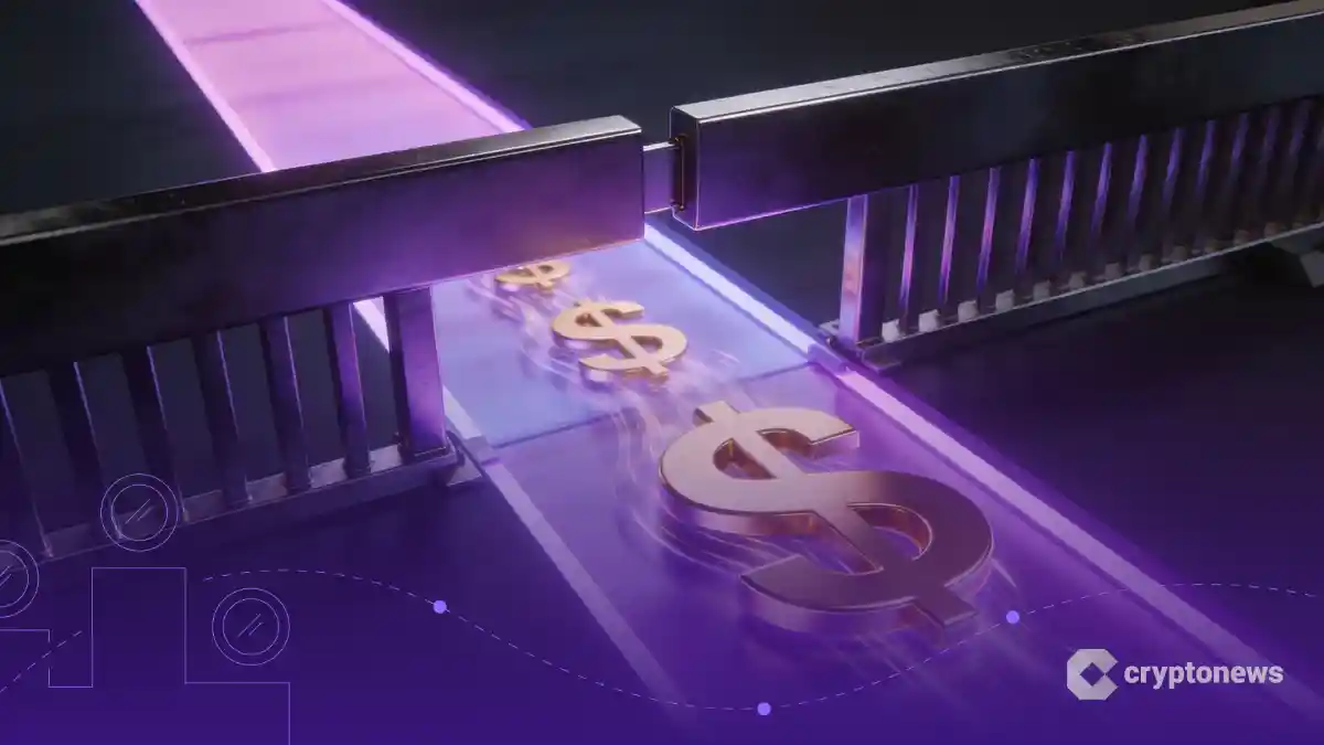 暗い障壁が上がり、紫色の光に照らされた道に金色の米ドル記号が流れ込む様子