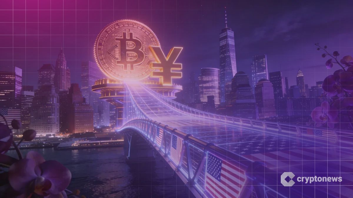 日本の円と融合したビットコインがデジタルブリッジを渡り米国の金融街へ向かう様子