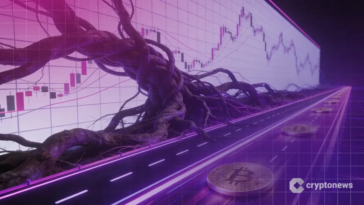混沌とした暗い道が整理された紫色のデジタル高速道路へと変わり、仮想通貨がスムーズに進む様子