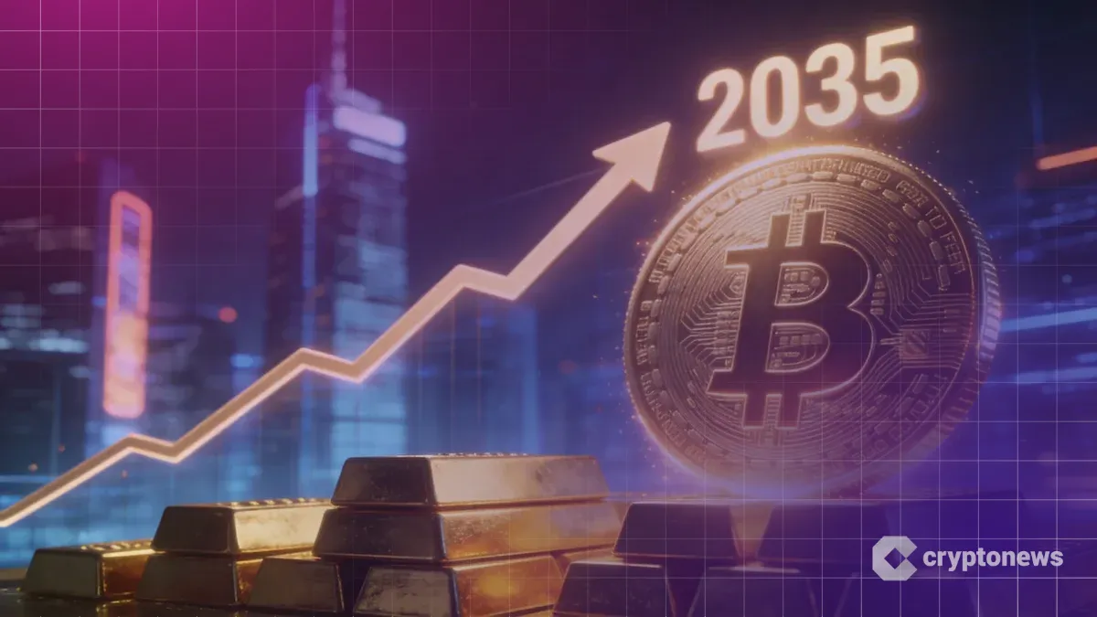 2035年に向けて上昇するビットコインの価格グラフと積み上げられた金塊
