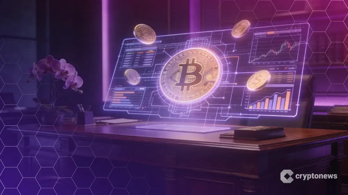 銀行のデスク上で光る仮想通貨取引プラットフォームのホログラム設計図