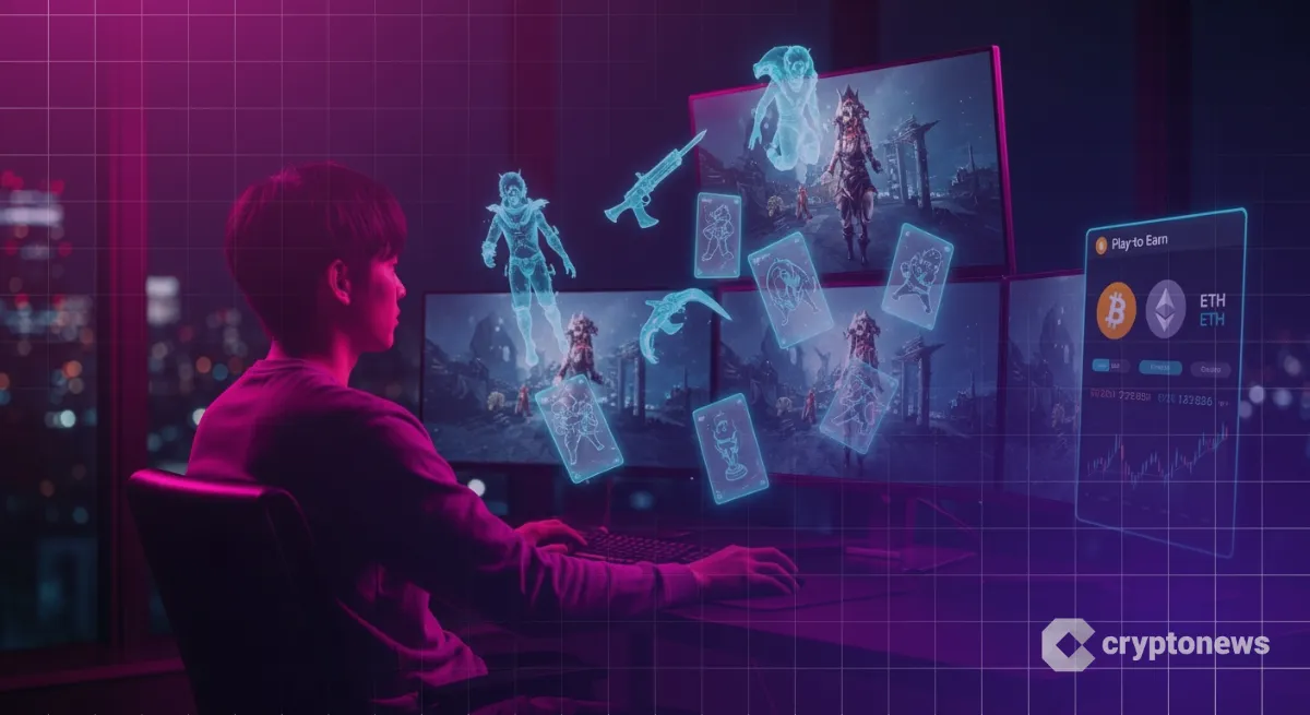 モニターからホログラムでNFTゲームアイテムが飛び出すPlay to Earnのイメージ