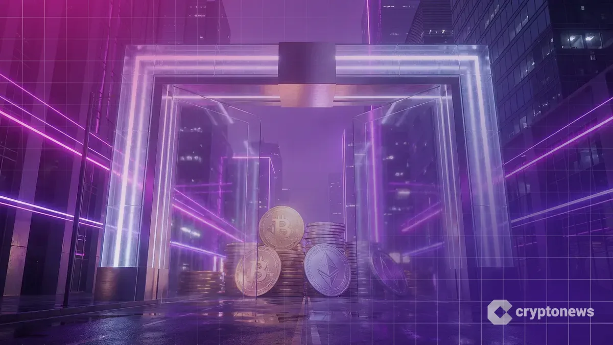 巨大な透明なゲートが開き、整然と並ぶビットコインとイーサリアムが現れる様子。規制明確化による機関投資家の参入を象徴