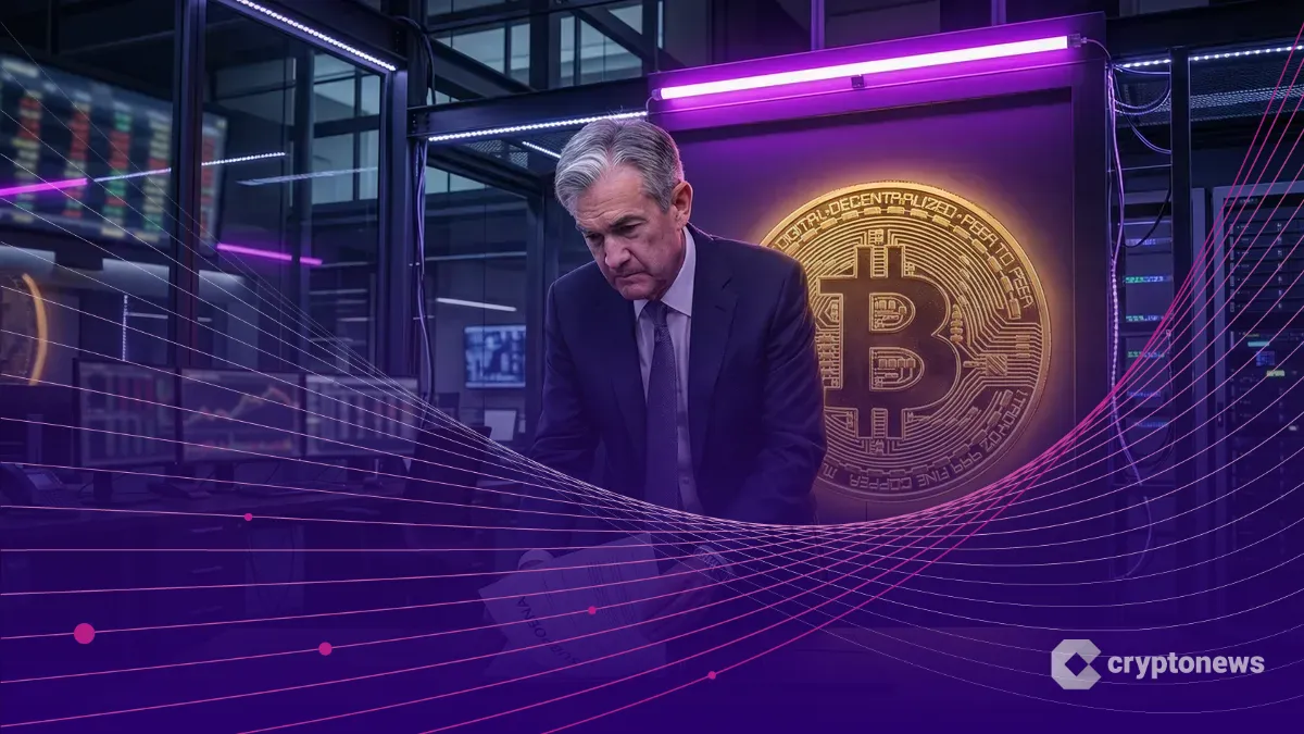 召喚状を見るパウエル議長と背後に迫る巨大なビットコイン
