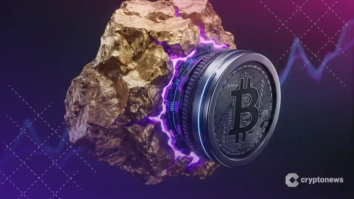 金の岩盤と近未来的なビットコインのコアがパズルのように完璧に結合し、紫色のエネルギーを放っている様子