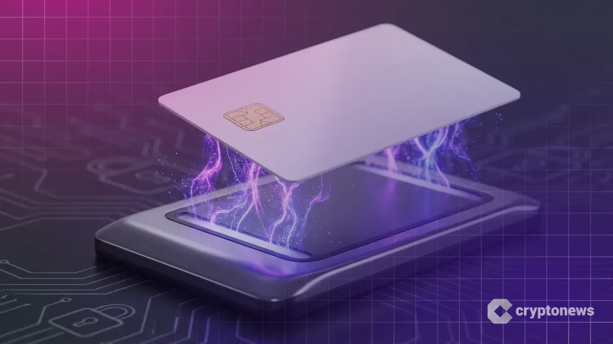 マイナンバーカードを模した白いICカードが決済端末にかざされ、紫色のデジタルエネルギーが認証と決済を行っている様子