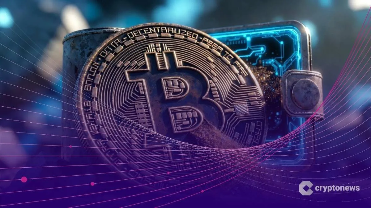 古びた石のようなビットコインロゴが割れ、中からデジタルの光が新しいウォレットへ流れる様子