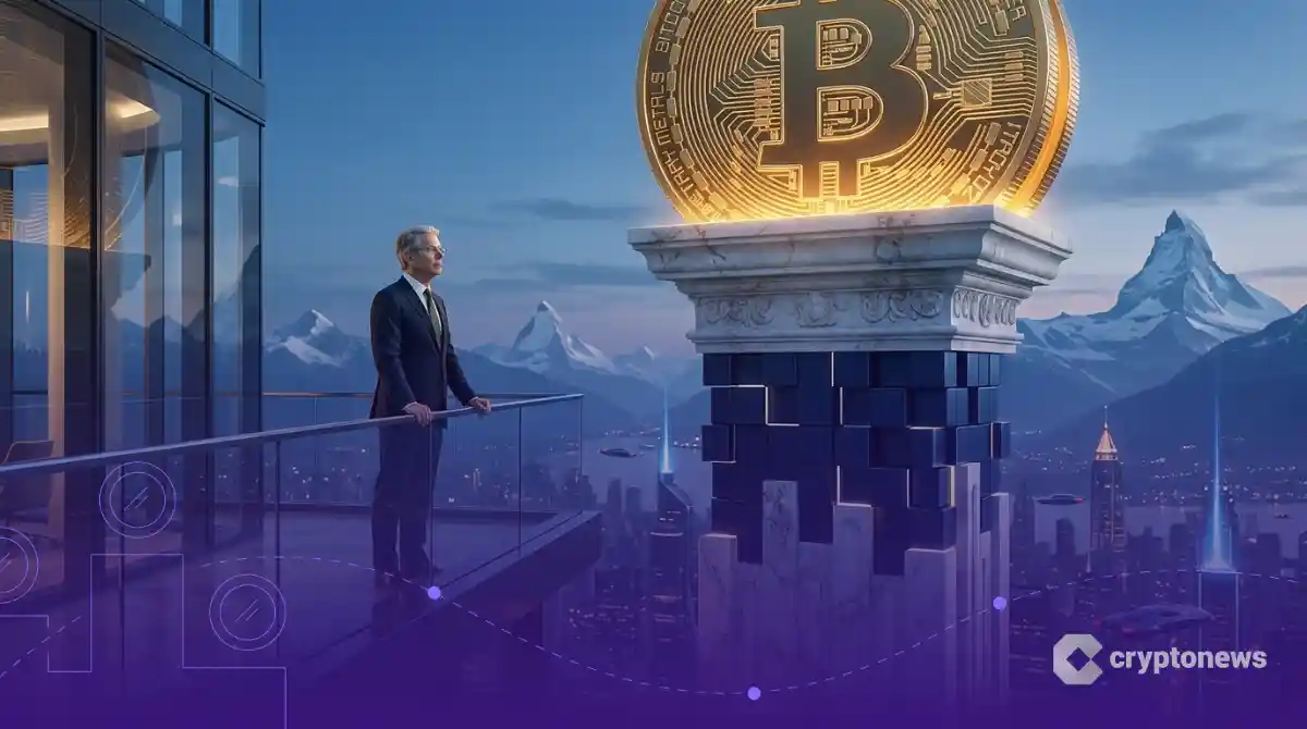 米国経済の新たな柱として、伝統的な大理石の柱と融合し輝く巨大なビットコインの構造体