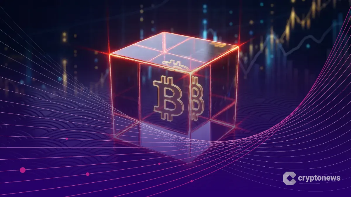 日本の伝統的な波模様の台座に置かれた、ビットコインを内包する透明なクリスタルキューブ