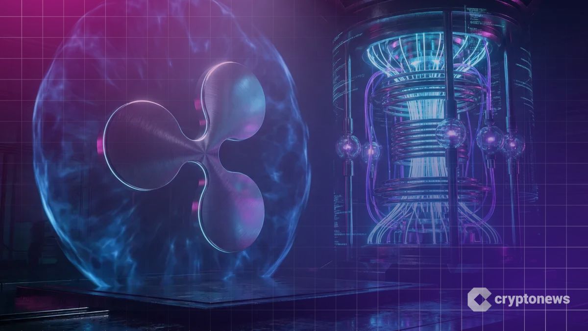 XRPのロゴが壁に阻まれる様子と量子技術を象徴する光る回路の対比