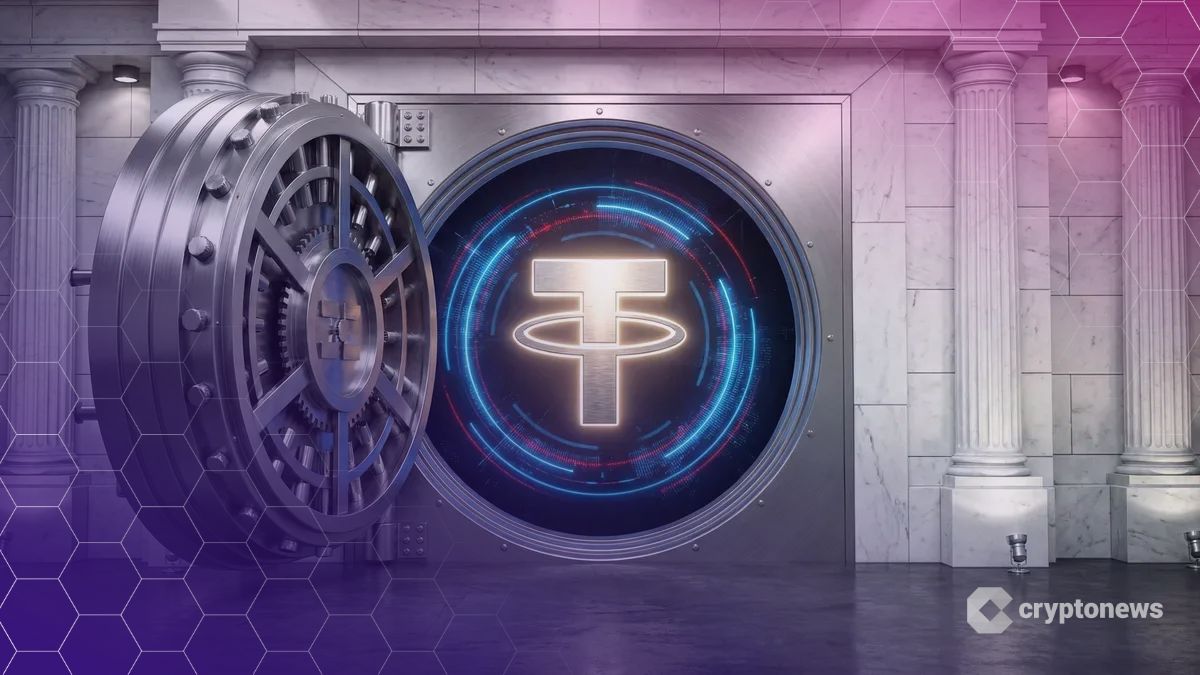 米国連邦銀行の金庫室に守られた輝くテザーロゴと規制準拠を示す赤と青のデジタル光