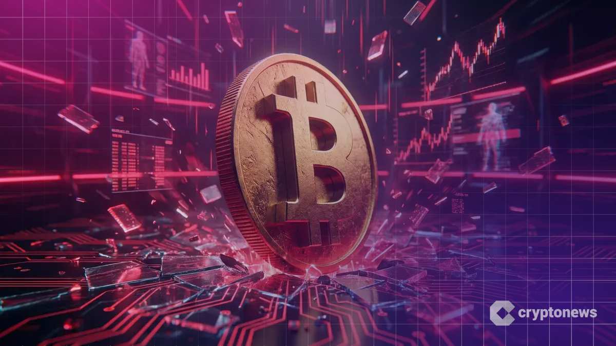 急落するビットコインのロゴと赤いネオンの背景