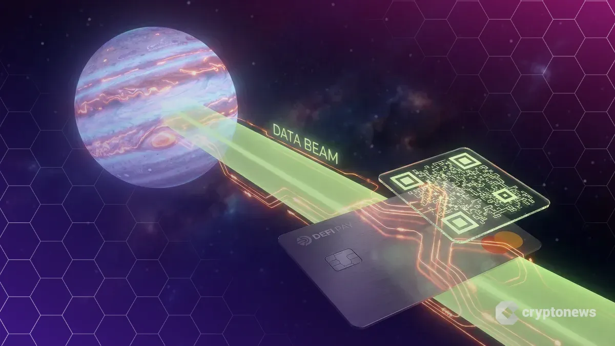 宇宙空間に浮かぶJupiterの惑星ロゴから、ネオングリーンの光線が物理的なデビットカードとQRコードに注がれ、仮想通貨決済の開始を象徴している様子