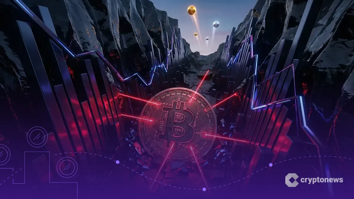 暗いチャートの谷底に沈むビットコインと売られすぎを示す赤いレーザー、上空に輝く金と銀