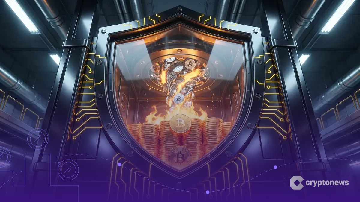 バイナンスのSAFU基金を象徴する巨大な盾型の金庫内で、デジタル資産が黄金のビットコインに変換され蓄積される様子