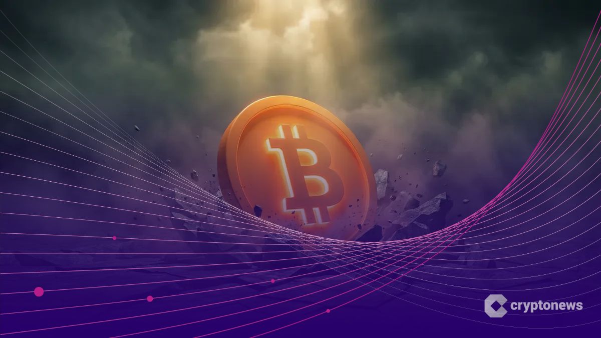 暗い岩盤を突き破り力強く上昇する輝くビットコインのロゴ