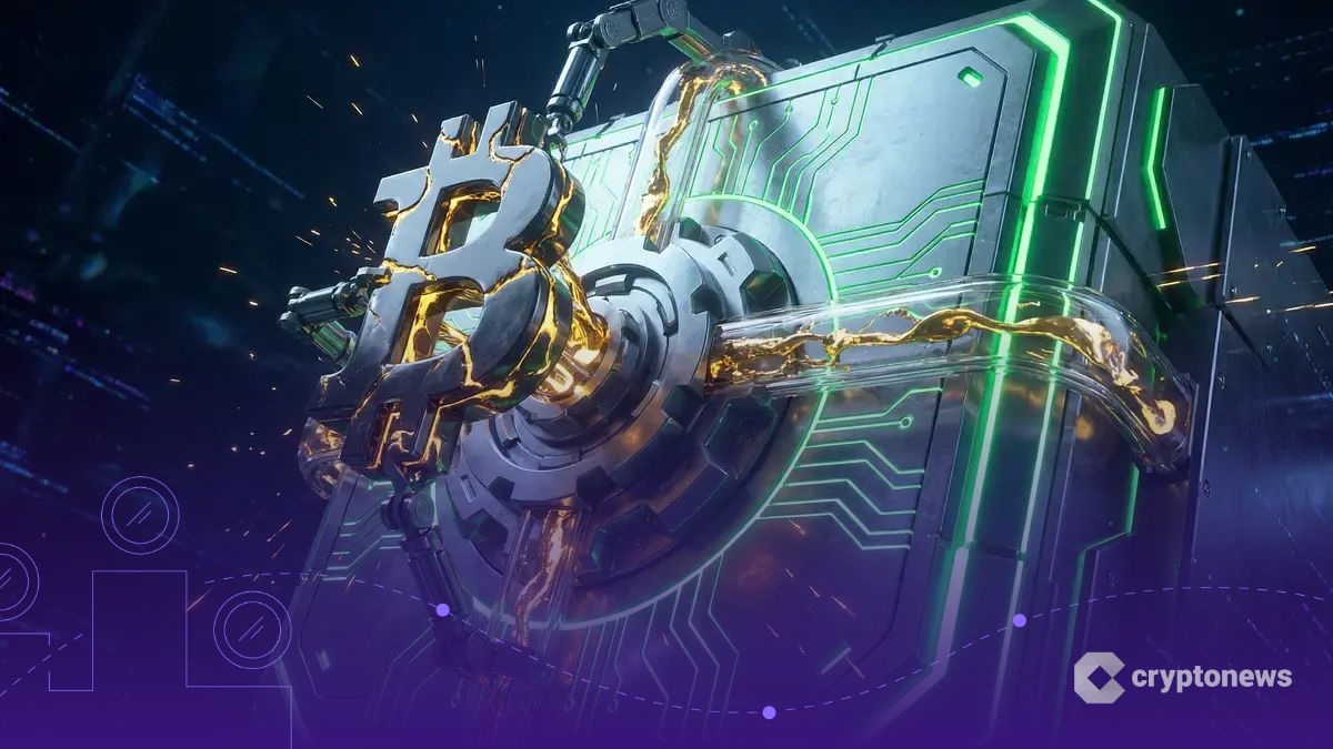 ズベルバンクの緑色の金庫構造にビットコインが担保としてロックされ、融資のエネルギーが流れる様子