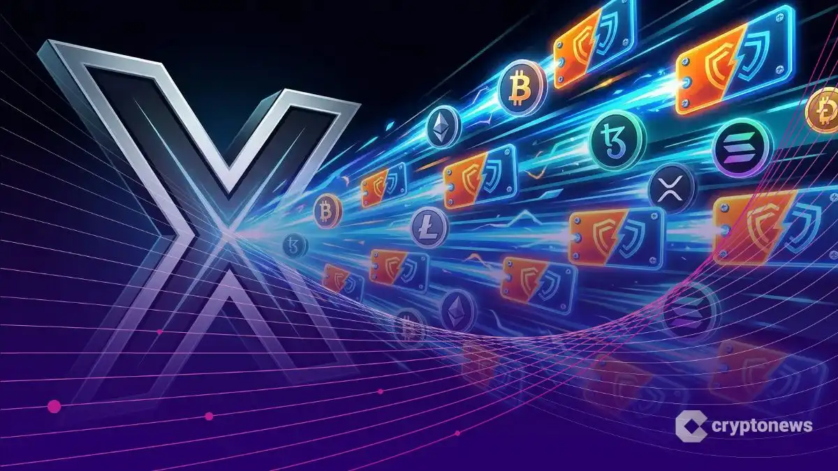 Xのロゴから放たれるタグ付きの仮想通貨シンボル