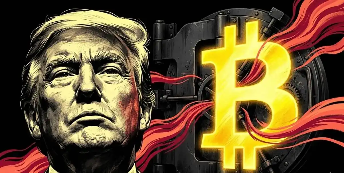 トランプ大統領と巨大なビットコインロゴが金庫に統合される様子