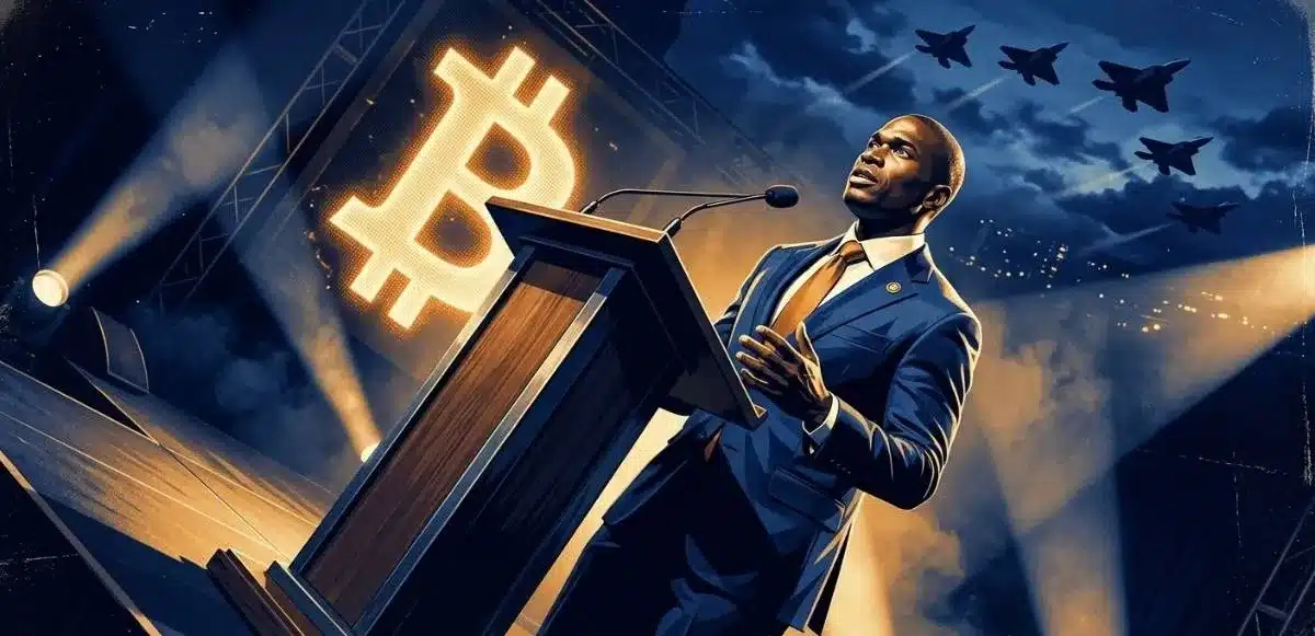アーサー・ヘイズ氏が戦時支出によるビットコイン上昇を予測する講演シーン