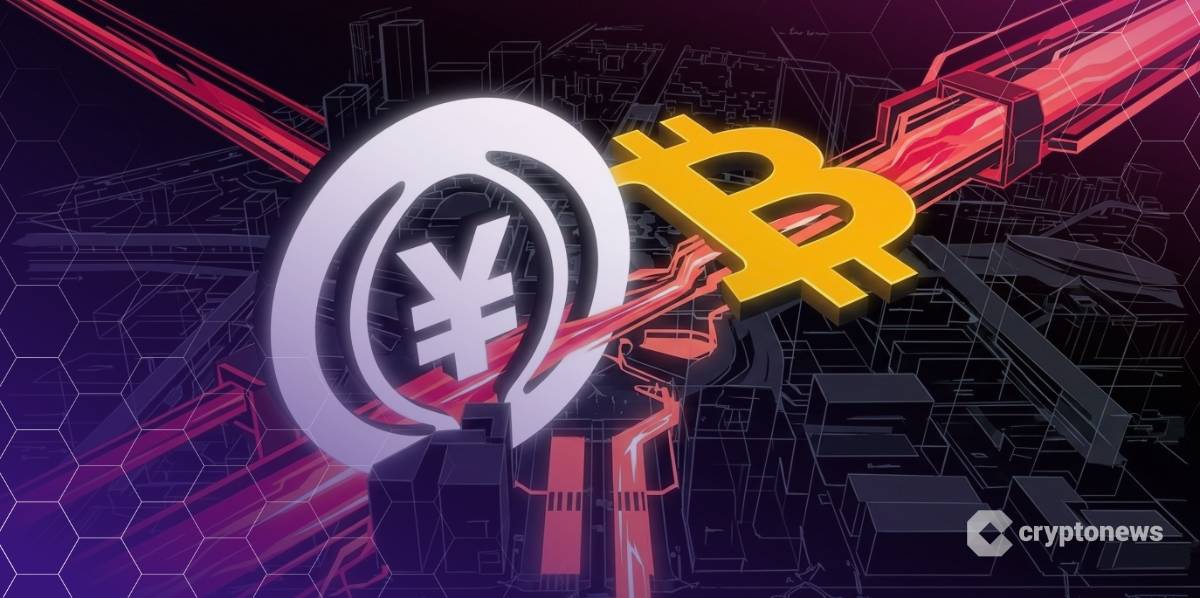 東京の街並みと連動する円ステーブルコインとビットコインのロゴ