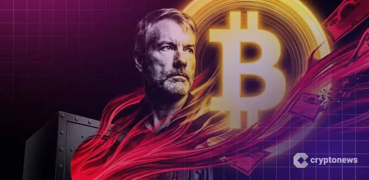 ビットコインを背景にしたマイケル・セイラー氏と巨大な保管庫のイメージ