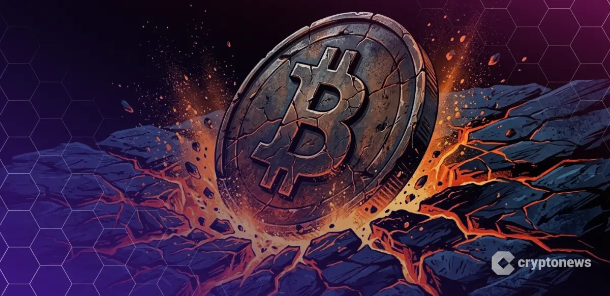 ビットコインの底値を象徴する岩盤に激突する巨大なロゴ