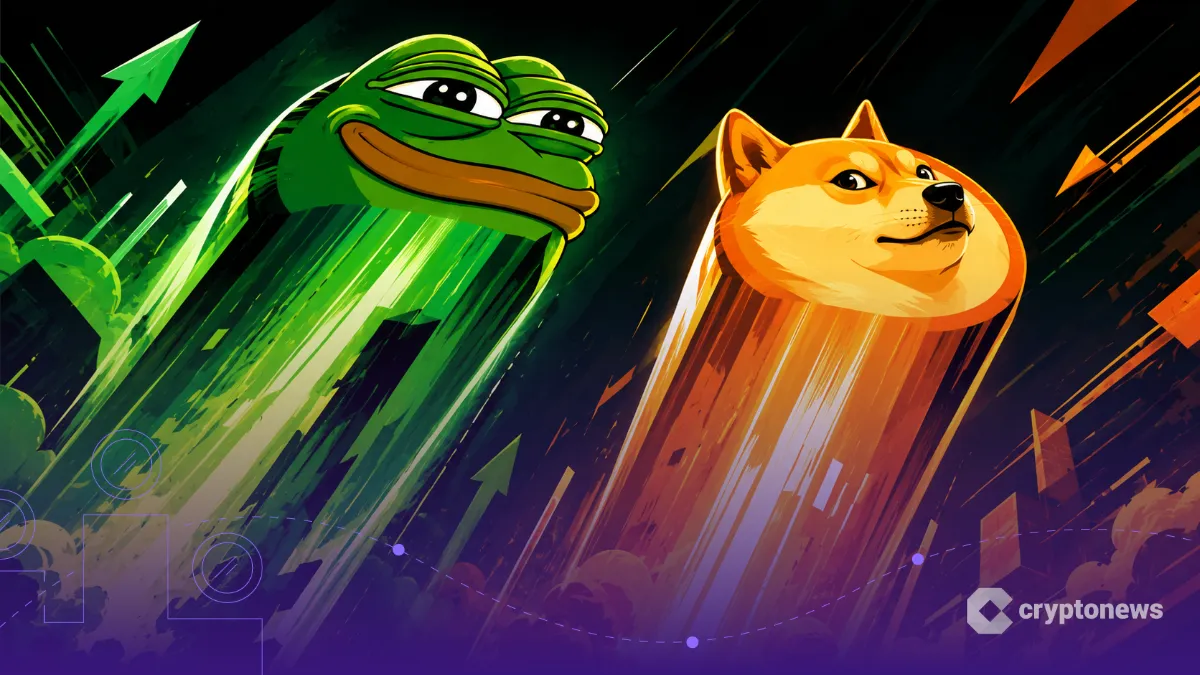 PEPEとDogeのシンボルが力強く上昇するイメージ