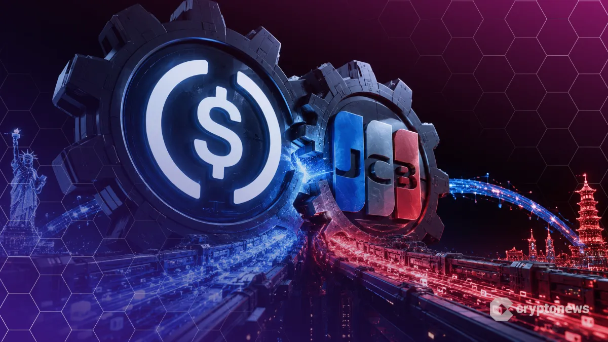 JCBとUSDCのロゴが連動し、クロスボーダー決済の架け橋となるイメージ