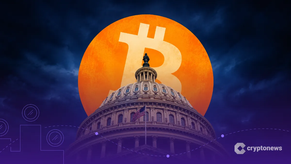 米議会での法案進展を象徴する議事堂と巨大なビットコインロゴ