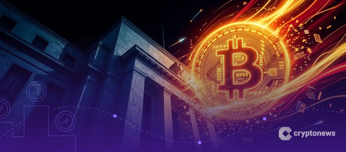 FRBの重厚な建物と力強く輝くビットコインロゴの対比
