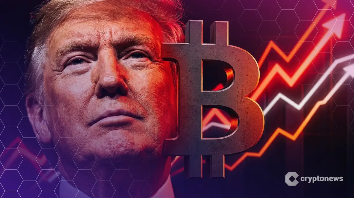 トランプ大統領と巨大なビットコインロゴの力強いグラフィック