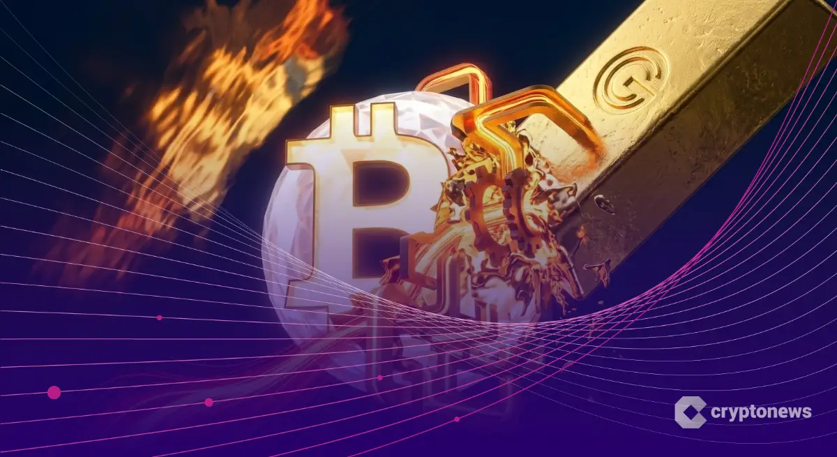 巨大なビットコインロゴと金塊が力強く並び立つ様子