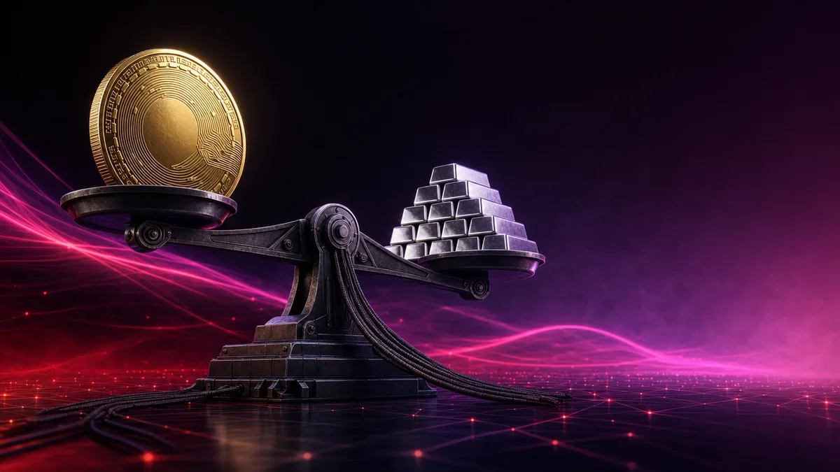 ビットコインと銀の延べ棒が釣り合う天秤を表現した3Dイメージ