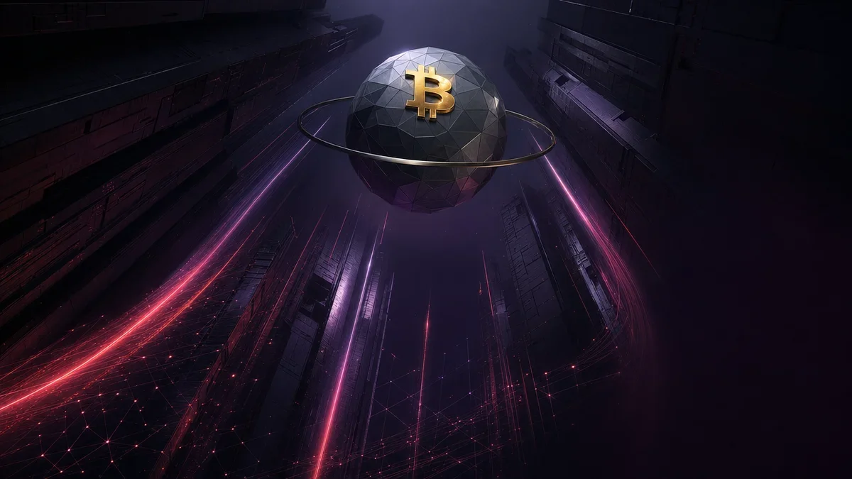 暗い縦穴の上に静止して浮かぶ低ポリ金属球と、そこに埋め込まれたビットコインの記号の3Dイメージ