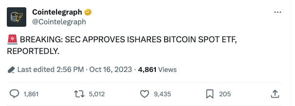 Cointelegraph fake news Spot Bitcoin ETF