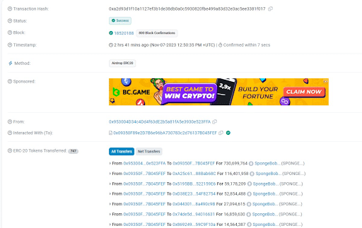 Sponge token Airdrop - Etherscan