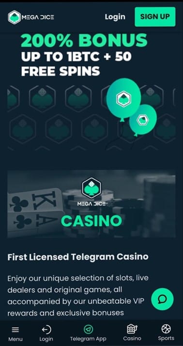 Mega Dice's Telegram interface biedt gemakkelijke crypto stortingen.
