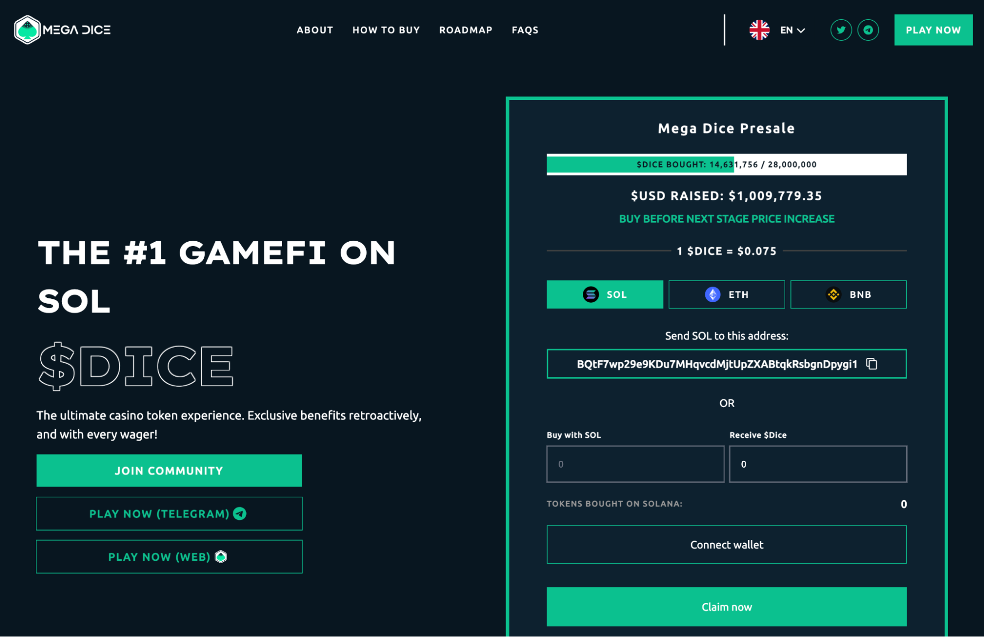 Mega Dice Presale Behaalt $1 Miljoen