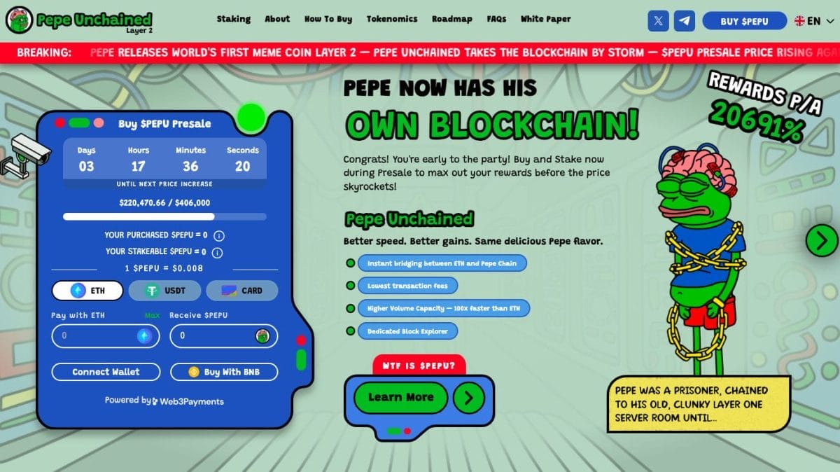 Pepe Unchained haalt $200k op binnen enkele minuten