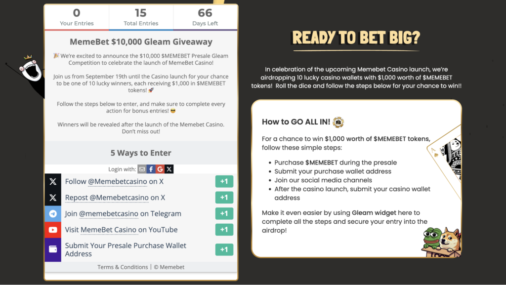 $10.000 $MEMEBET airdrop aanstaande voor vieren succes presale